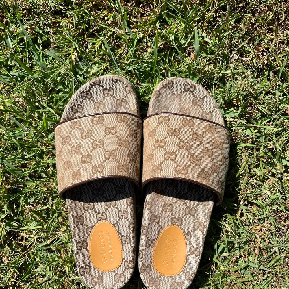 Gucci Tan and Brown Logo Slide Sandals